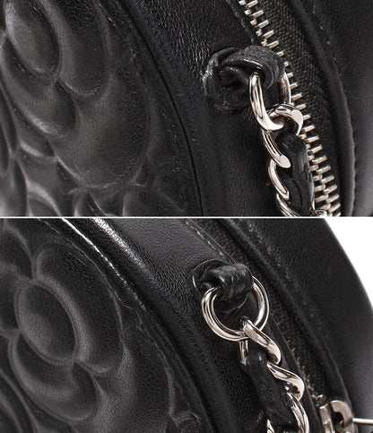 CHANEL レザー チェーンショルダーバッグ カメリア ラウンドミニ ポシェット シルバー金具 27番台 ココマーク レディース シャネル