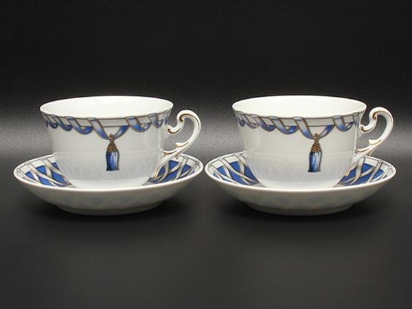 美品 リチャードジノリ カップ＆ソーサー 2客セット ペア フィオッコグレース ブルー リボン Richard Ginori