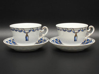 美品 リチャードジノリ カップ＆ソーサー 2客セット ペア フィオッコグレース ブルー リボン Richard Ginori