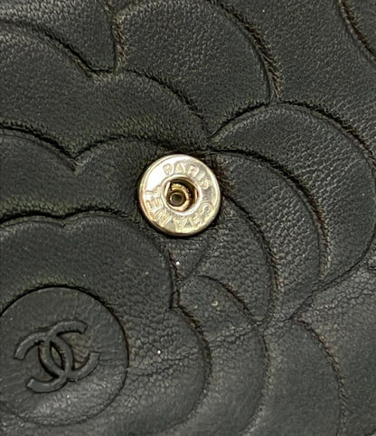 CHANEL レザー 二つ折り財布 シルバー金具 カメリア レディース シャネル