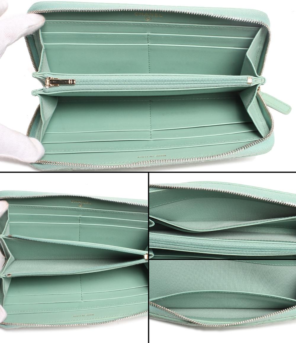シャネル 長財布 ココマーク ラウンドジップ ライトグリーン系 マトラッセ キャビアスキン AP0242 レディース CHANEL