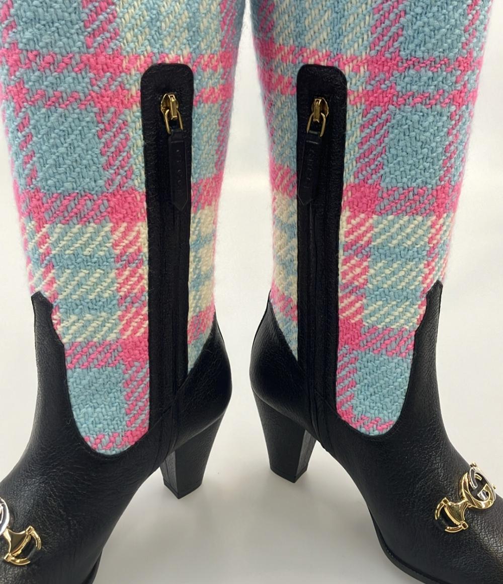 美品 GUCCI ロングブーツ ホースビット チェック柄 サイドジップ レディース SIZE 35 1/2 グッチ