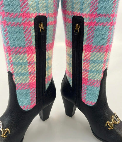 美品 GUCCI ロングブーツ ホースビット チェック柄 サイドジップ レディース SIZE 35 1/2 グッチ