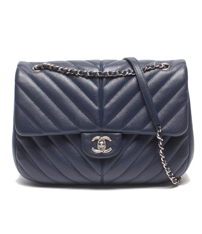 CHANEL チェーンショルダーバッグ 肩掛け シルバー金具 シングルフラップ ダブルチェーン シェブロン Vステッチ キャビアスキン 25番台 レディース
