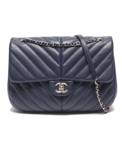 CHANEL チェーンショルダーバッグ 肩掛け シルバー金具 シングルフラップ ダブルチェーン シェブロン Vステッチ キャビアスキン 25番台 レディース