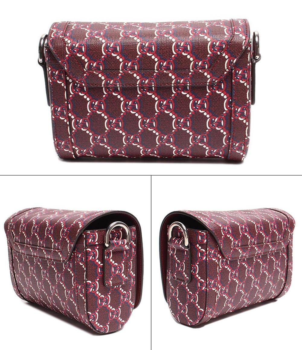 美品 グッチ レザーショルダーバッグ シルバー金具 スーパーミニショルダー GGシャドウ ロッソ アンコーラ レッド キャンバス 802029 525040