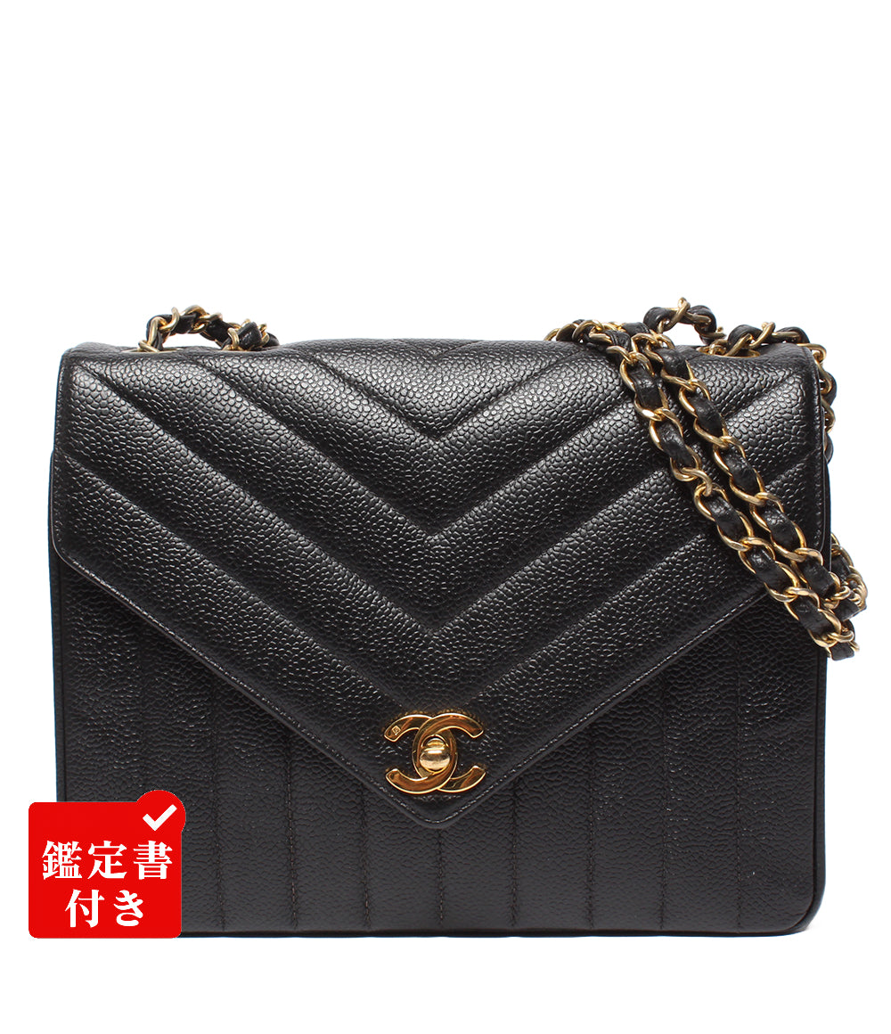 CHANEL チェーンショルダーバッグ シェブロン Vステッチ ゴールド金具 シングルフラップ ダブルチェーン 2番台 レディース シャネル