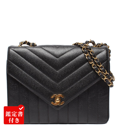 CHANEL チェーンショルダーバッグ シェブロン Vステッチ ゴールド金具 シングルフラップ ダブルチェーン 2番台 レディース シャネル