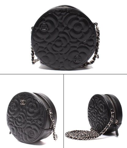 CHANEL レザー チェーンショルダーバッグ カメリア ラウンドミニ ポシェット シルバー金具 27番台 ココマーク レディース シャネル
