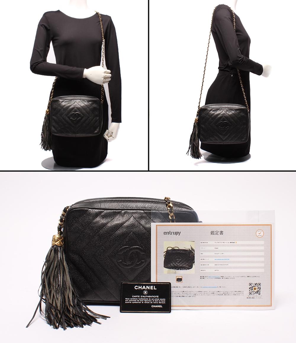 CHANEL チェーンショルダーバッグ ココマーク タッセル付き シェブロンステッチ ゴールド金具 キャビアスキン レディース シャネル