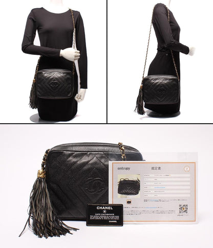 CHANEL チェーンショルダーバッグ ココマーク タッセル付き シェブロンステッチ ゴールド金具 キャビアスキン レディース シャネル