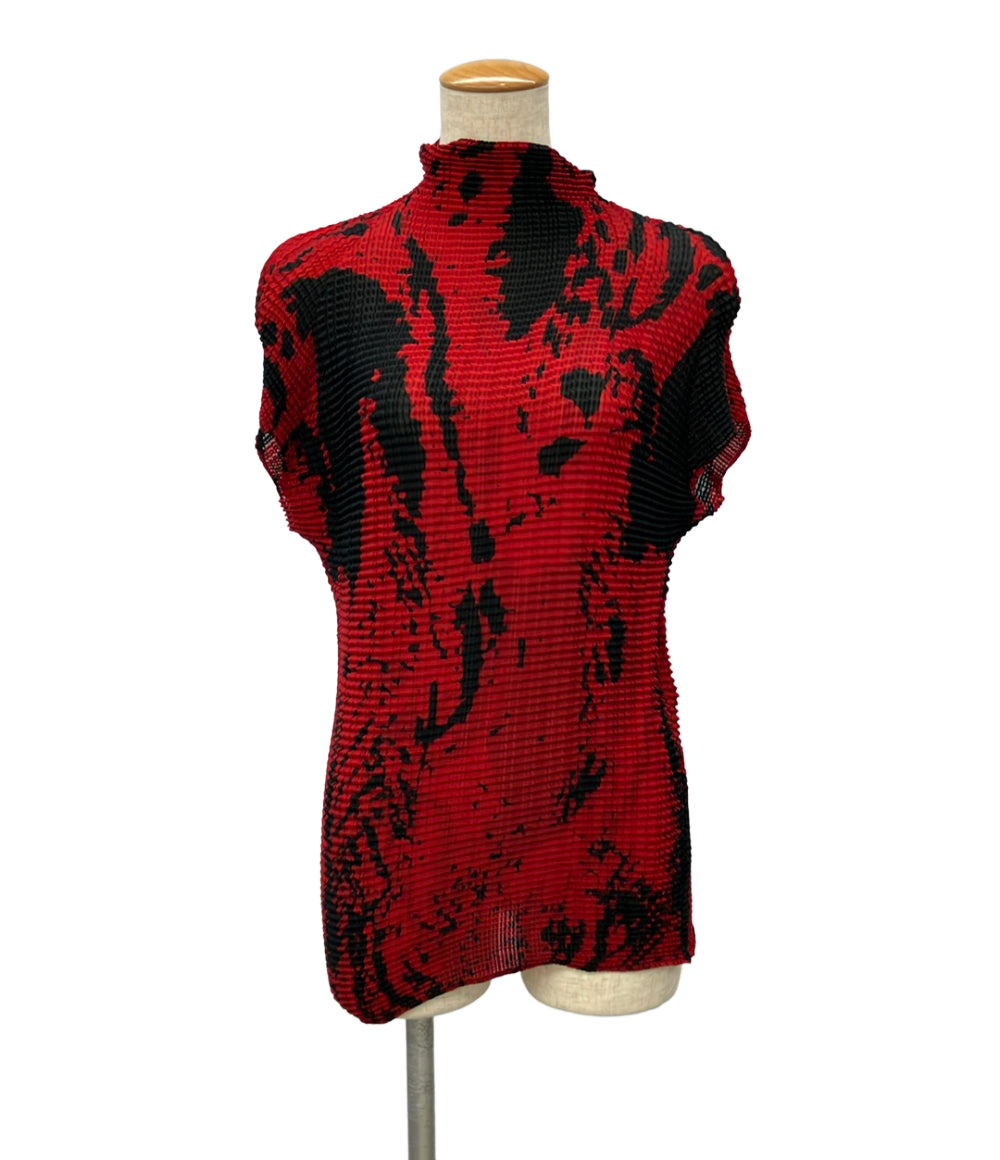 美品 ISSEY MIYAKE 半袖シャツ プリーツ レッド×ブラック模様 IM84FJ636 レディース SIZE 2 (M) イッセイミヤケ