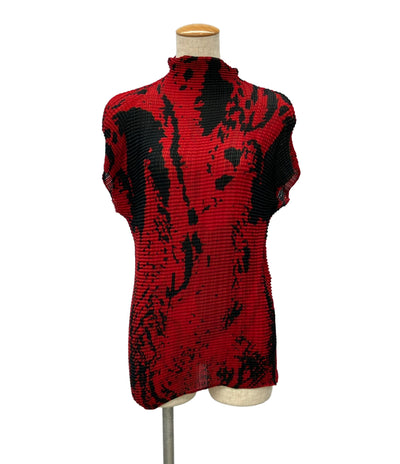 美品 ISSEY MIYAKE 半袖シャツ プリーツ レッド×ブラック模様 IM84FJ636 レディース SIZE 2 (M) イッセイミヤケ