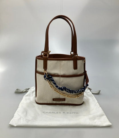 美品 CHARLES&KEITH トートバッグ ショルダーバッグ 2WAY 斜め掛け キャンバス レザー レディース チャールズ＆キース