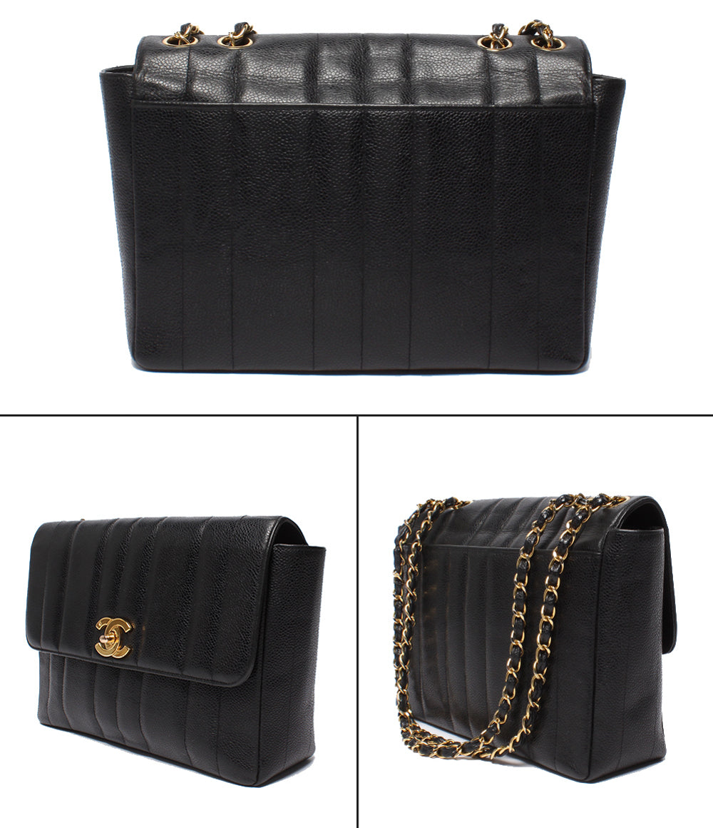 CHANEL チェーンショルダーバッグ ゴールド金具 ダブルチェーン シングルフラップ 3番台 キャビアスキン マドモアゼル レディース シャネル