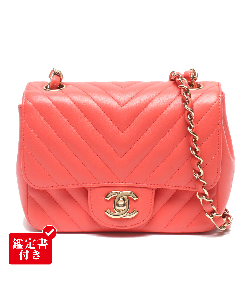 CHANEL チェーンショルダーバッグ 肩掛け ゴールド金具 Vステッチ シングルチェーン シングルフラップ シェブロン ラムスキン A35200 レディース