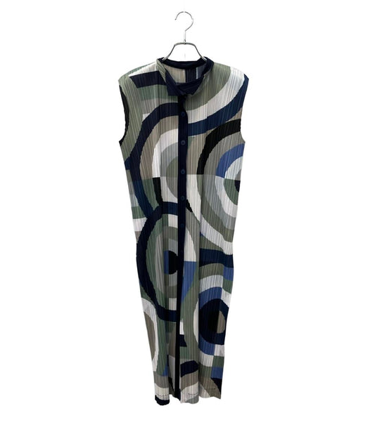 PLEATS PLEASE ノースリーブワンピース 18AW 総柄 幾何学模様 ロング丈 シャツ チュニック プリーツ PP83-JE743 レディース SIZE 3 (L)