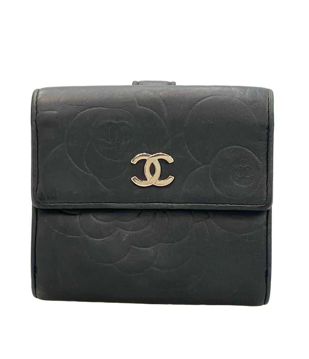 CHANEL レザー 二つ折り財布 シルバー金具 カメリア レディース CHANEL レザー 二つ折り財布 シルバー金具 カメリア レディース
