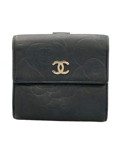 CHANEL レザー 二つ折り財布 シルバー金具 カメリア レディース シャネル
