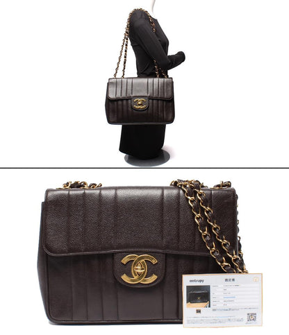 CHANEL チェーンショルダーバッグ 肩掛け ゴールド金具 キャビアスキン ターンロック ダブルチェーン シングルフラップ マドモアゼル レディース