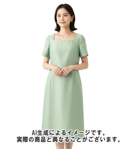 美品 FOXEY BOUTIQUE 半袖ワンピース スクエアネックライン エレガント Aライン フォーマル  シルク混 Dress Aerin 44351 レディース SIZE 42 (L)