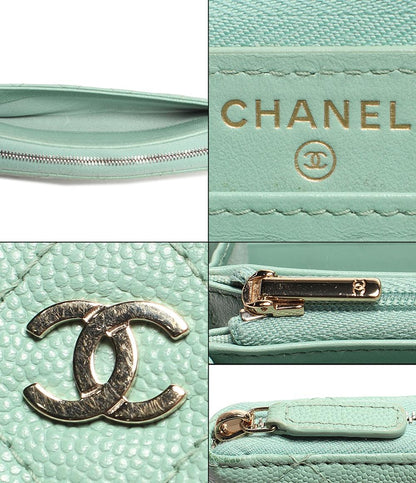 シャネル 長財布 ココマーク ラウンドジップ ライトグリーン系 マトラッセ キャビアスキン AP0242 レディース CHANEL