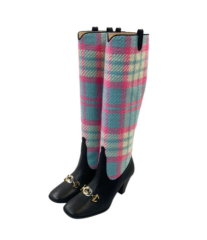 美品 GUCCI ロングブーツ ホースビット チェック柄 サイドジップ レディース SIZE 35 1/2 グッチ
