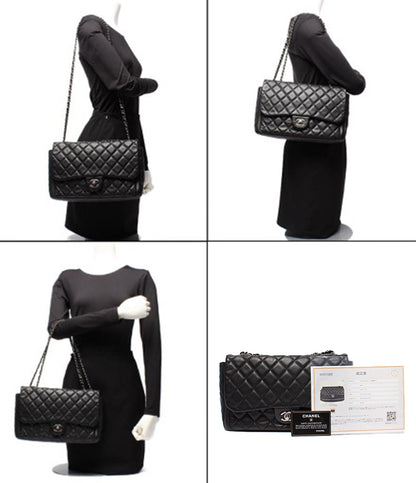 CHANEL チェーンショルダーバッグ キャビアスキン シルバー金具 18番台 ダブルチェーン シングルフラップ デカマトラッセ30 レディース シャネル