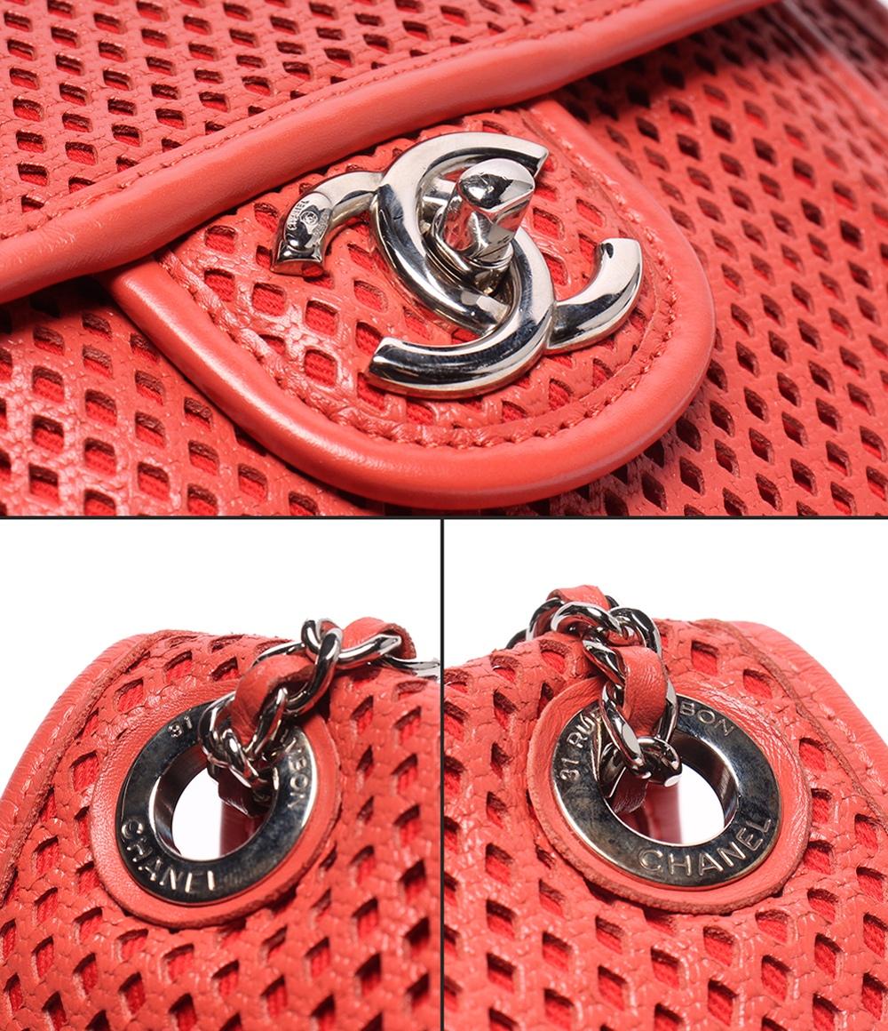CHANEL チェーンショルダーバッグ 肩掛け シルバー金具 パンチングメッシュ ダブルチェーン シングルフラップ フレンチ リビエラ レディース シャネル
