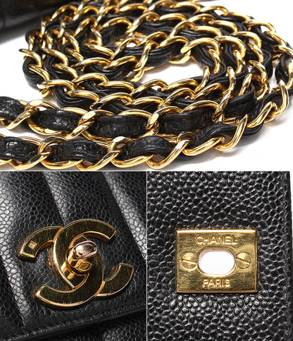 CHANEL チェーンショルダーバッグ ゴールド金具 ダブルチェーン シングルフラップ 3番台 キャビアスキン マドモアゼル レディース シャネル