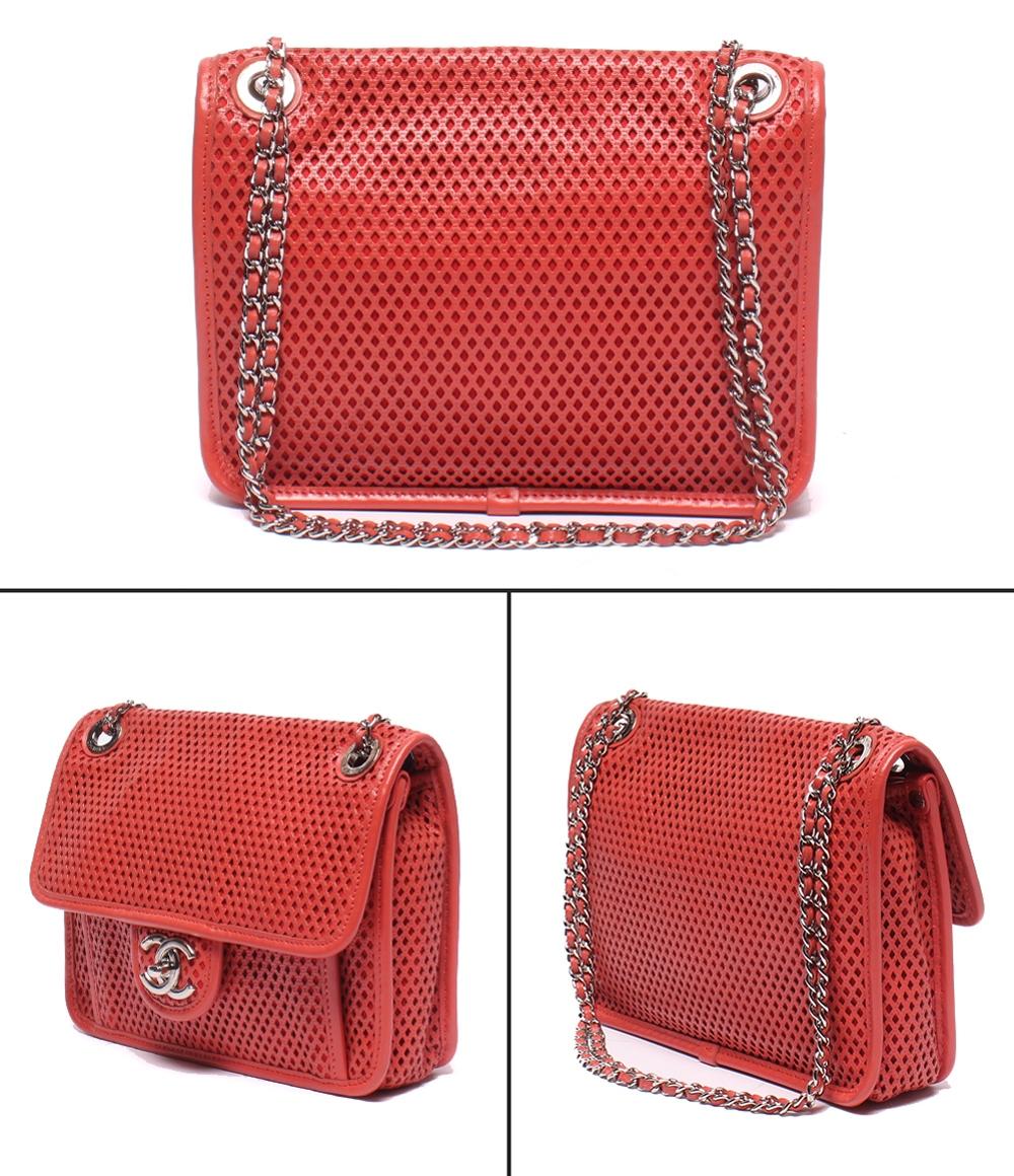 CHANEL チェーンショルダーバッグ 肩掛け シルバー金具 パンチングメッシュ ダブルチェーン シングルフラップ フレンチ リビエラ レディース シャネル