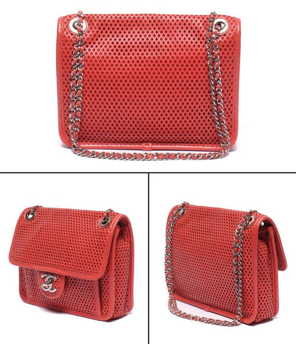 CHANEL チェーンショルダーバッグ 肩掛け シルバー金具 パンチングメッシュ ダブルチェーン シングルフラップ フレンチ リビエラ レディース シャネル