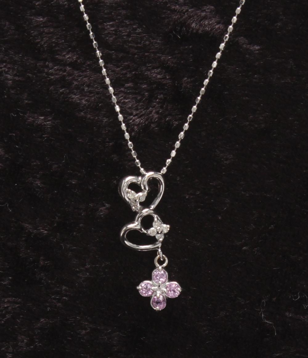 美品 ネックレス K18WG ダイヤ 0.05ct ピンクサファイア ハートモチーフ レディース