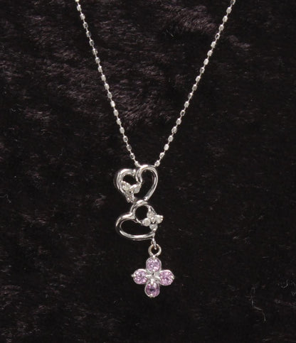 美品 ネックレス K18WG ダイヤ 0.05ct ピンクサファイア ハートモチーフ レディース