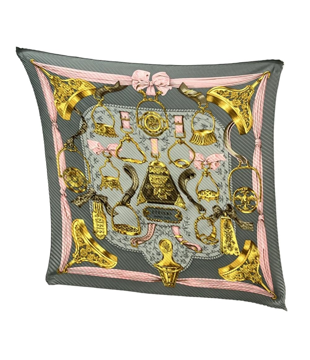 美品 エルメス プリーツスカーフ カレ90 シルク100% 鐙柄 馬具柄 ETRIERS レディース HERMES