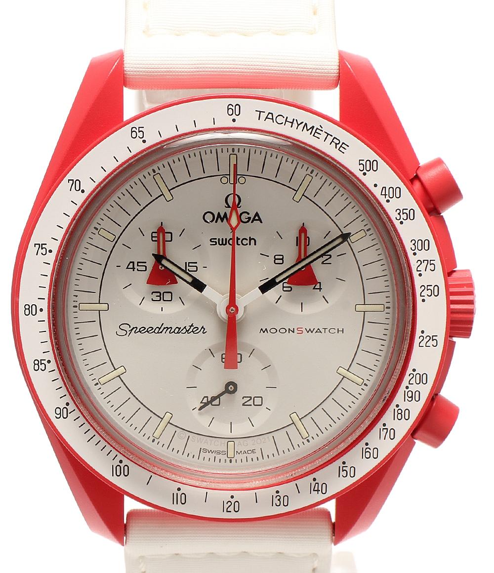 美品 Swatch OMEGA 腕時計 スピードマスター クオーツ ホワイト S033R100 ユニセックス スウォッチ オメガ