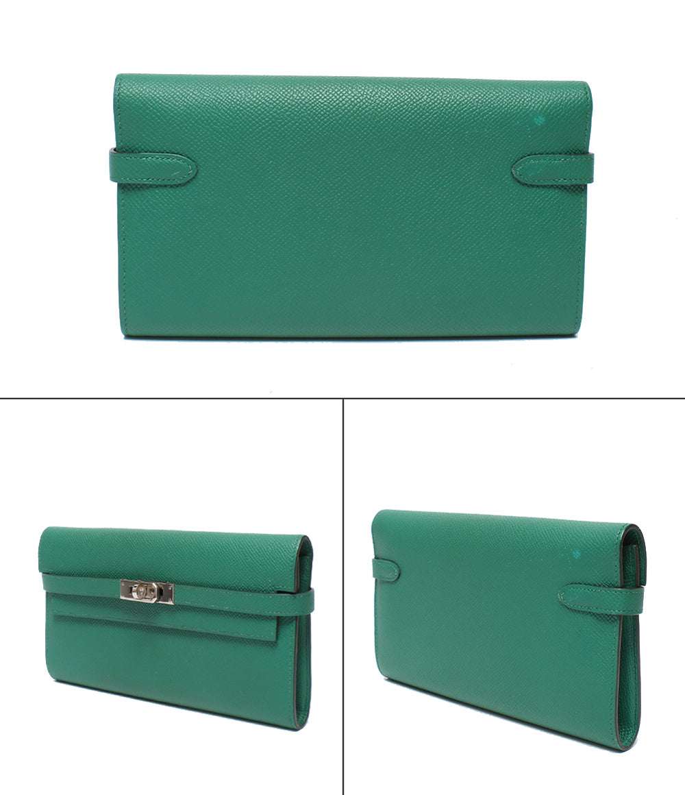HERMES 長財布 シルバー金具 A刻印 ヴォーエプソン ヴェールジェイド ケリー ウォレット ロング レディース エルメス