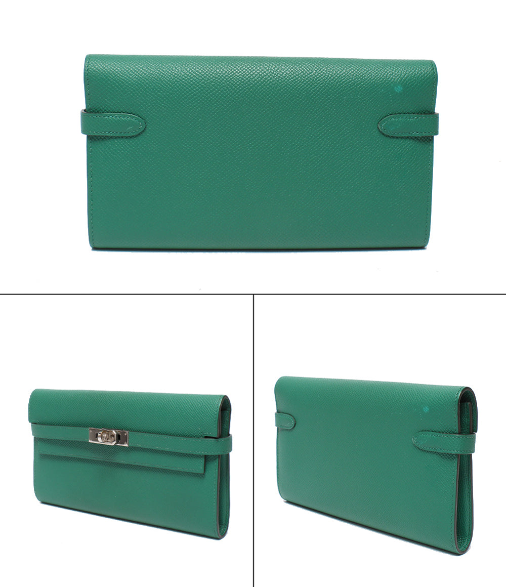 HERMES 長財布 シルバー金具 A刻印 ヴォーエプソン ヴェールジェイド ケリー ウォレット ロング レディース エルメス