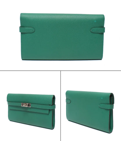 HERMES 長財布 シルバー金具 A刻印 ヴォーエプソン ヴェールジェイド ケリー ウォレット ロング レディース エルメス