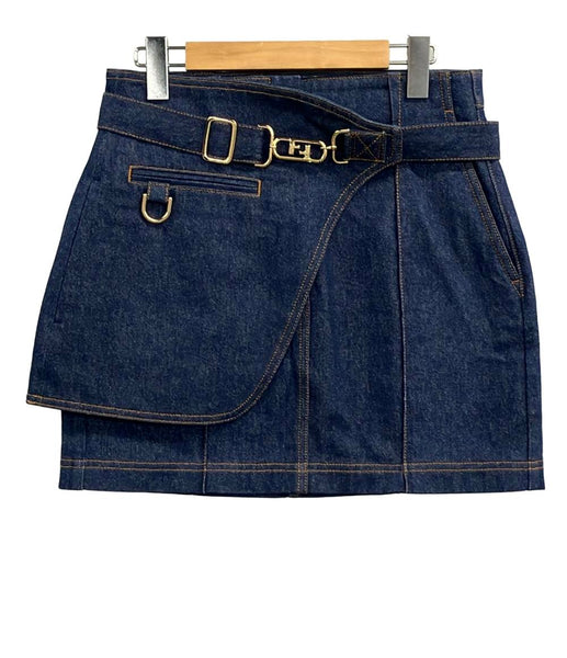 FENDI デニム ミニスカート 46 美品 フェンディ レイヤード デニムスカート FLQ553 ALC1 レディース