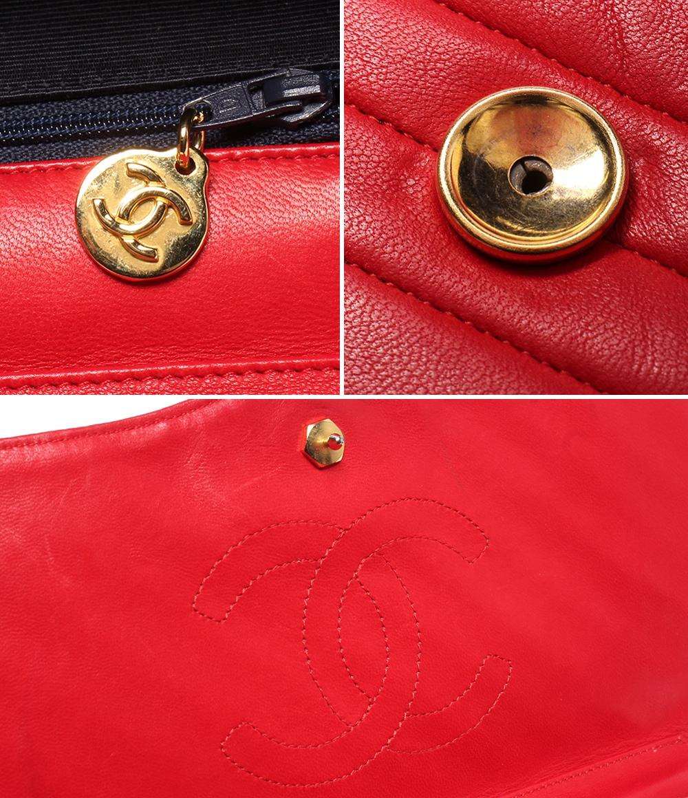 訳あり CHANEL チェーンショルダーバッグ ラムスキン シングルフラップ バイアスステッチ ゴールド金具 肩掛け レディース シャネル