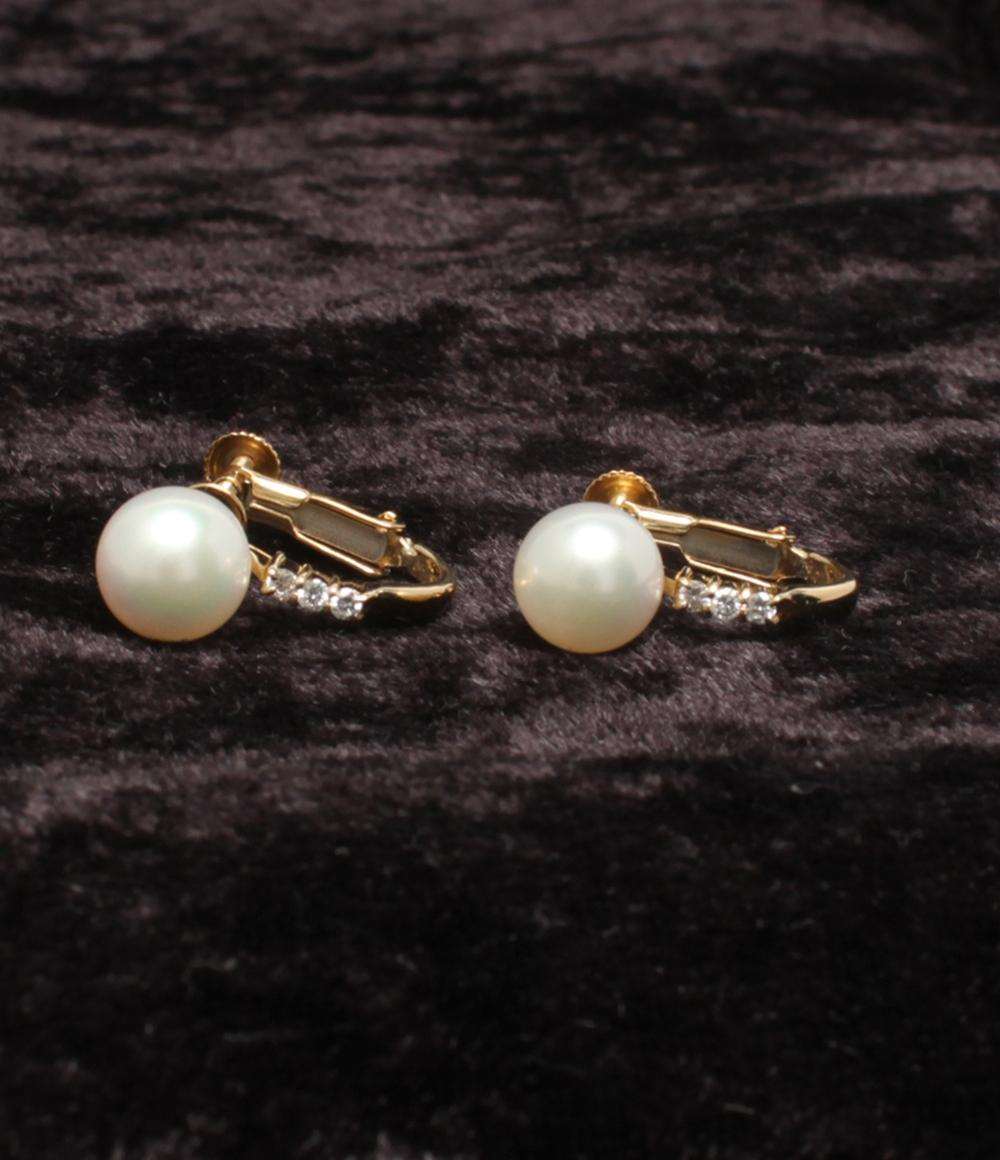 美品 イヤリング K18 パール 7.3mm ダイヤ 0.042ct レディース