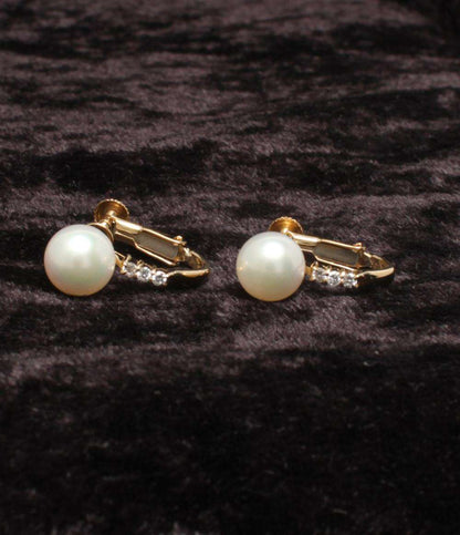 美品 イヤリング K18 パール 7.3mm ダイヤ 0.042ct レディース
