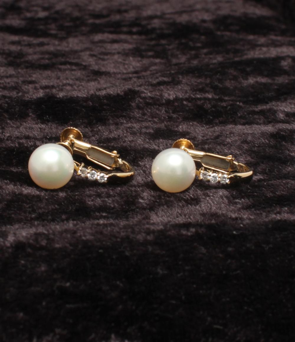 美品 イヤリング K18 パール 7.3mm ダイヤ 0.042ct レディース