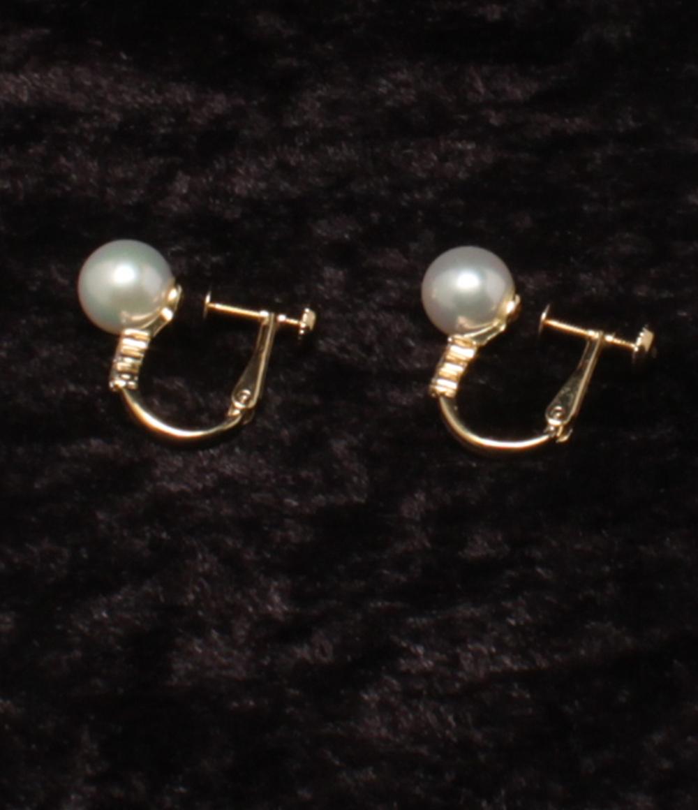 美品 イヤリング K18 パール 7.3mm ダイヤ 0.042ct レディース