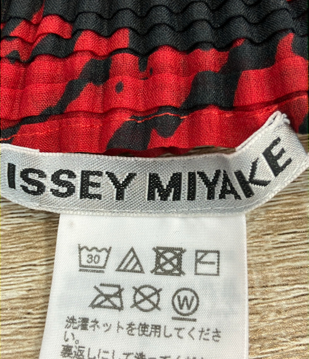 美品 ISSEY MIYAKE 半袖シャツ プリーツ レッド×ブラック模様 IM84FJ636 レディース SIZE 2 (M) イッセイミヤケ