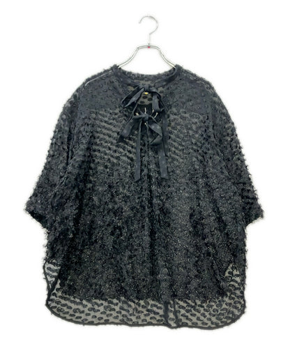 Drawer 半袖 ダブルリボン フリンジ ジャガード シアー ブラウス 6521-299-1098 レディース SIZE 38 (S) ドゥロワー