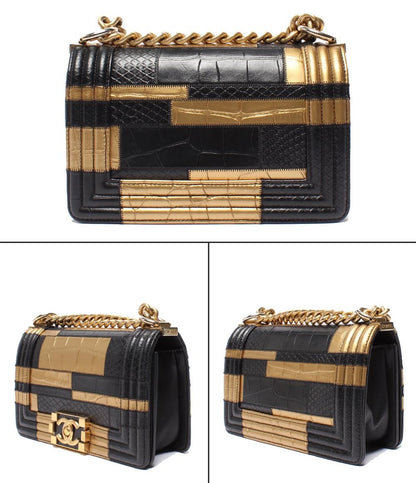 美品 CHANEL チェーンショルダーバッグ ゴールド金具 クロコ型押し ボーイシャネル レディース シャネル