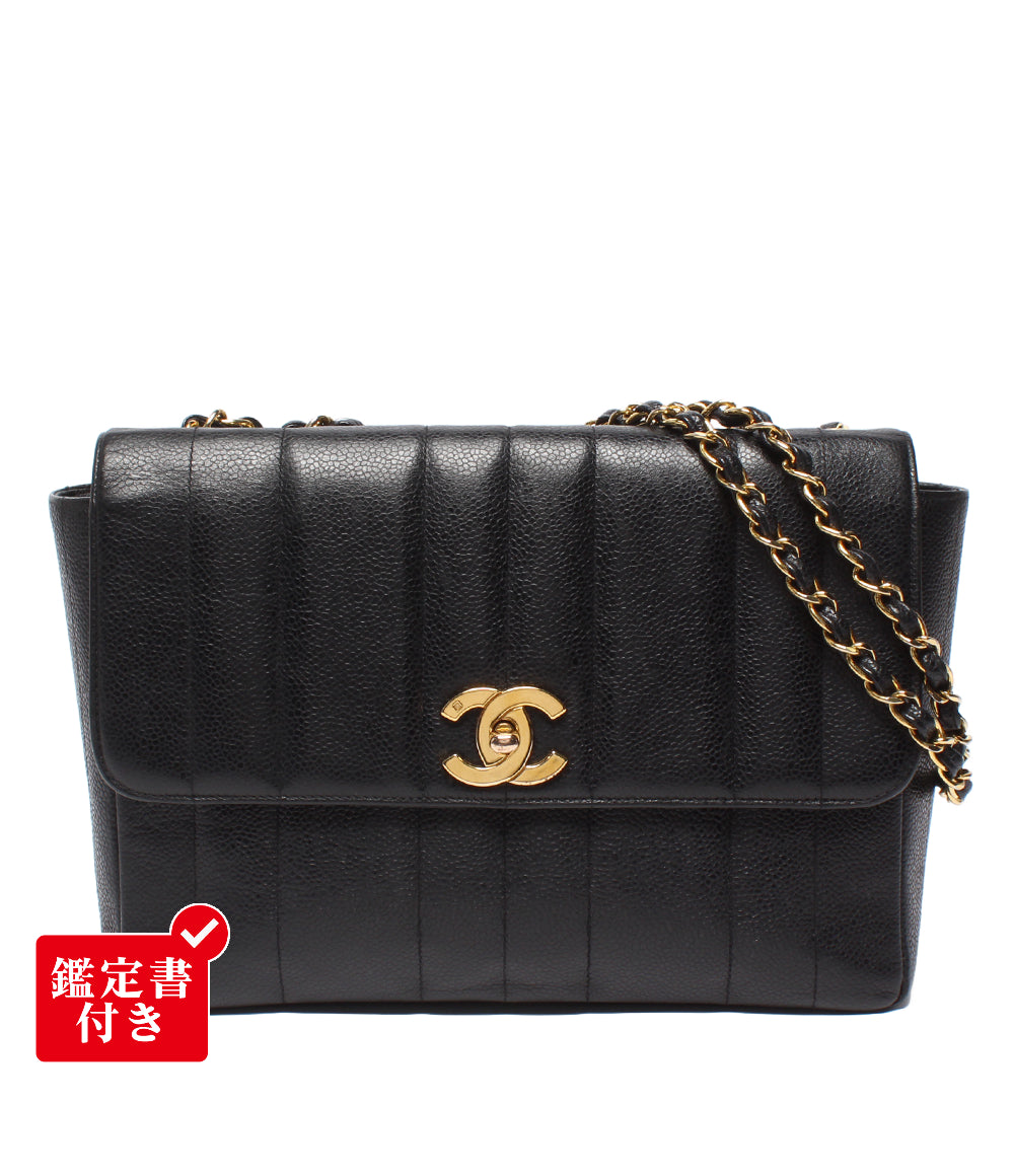CHANEL チェーンショルダーバッグ ゴールド金具 ダブルチェーン シングルフラップ 3番台 キャビアスキン マドモアゼル レディース シャネル