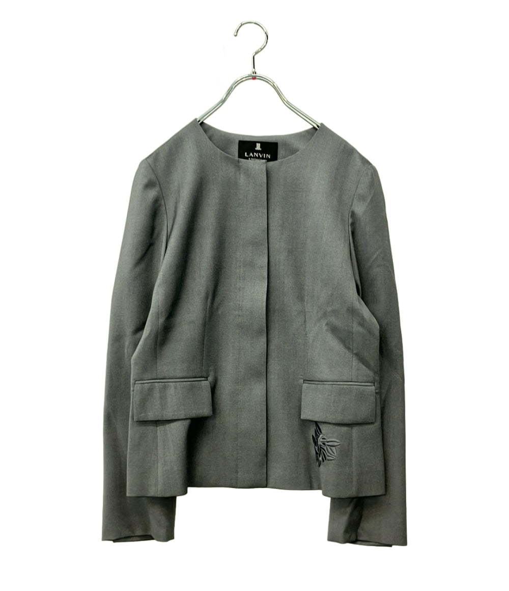 美品 LANVIN collection ノーカラージャケット シルクウールスリーローズ刺繍 フロントボタン 比翼仕立て タグ付き 2411202 レディース SIZE 38 (S)